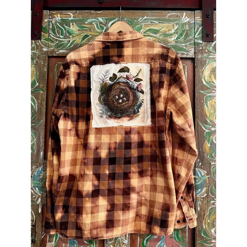 Distressed/ Reworked Flannel| Cottagecore| Bird's nest vintage patchwork